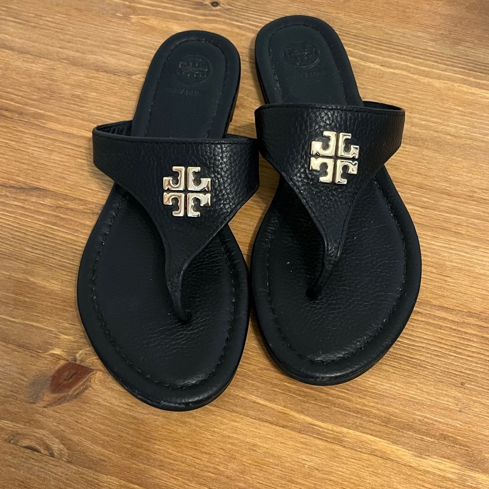 Tory Burch Black Sandals with Gold Logo